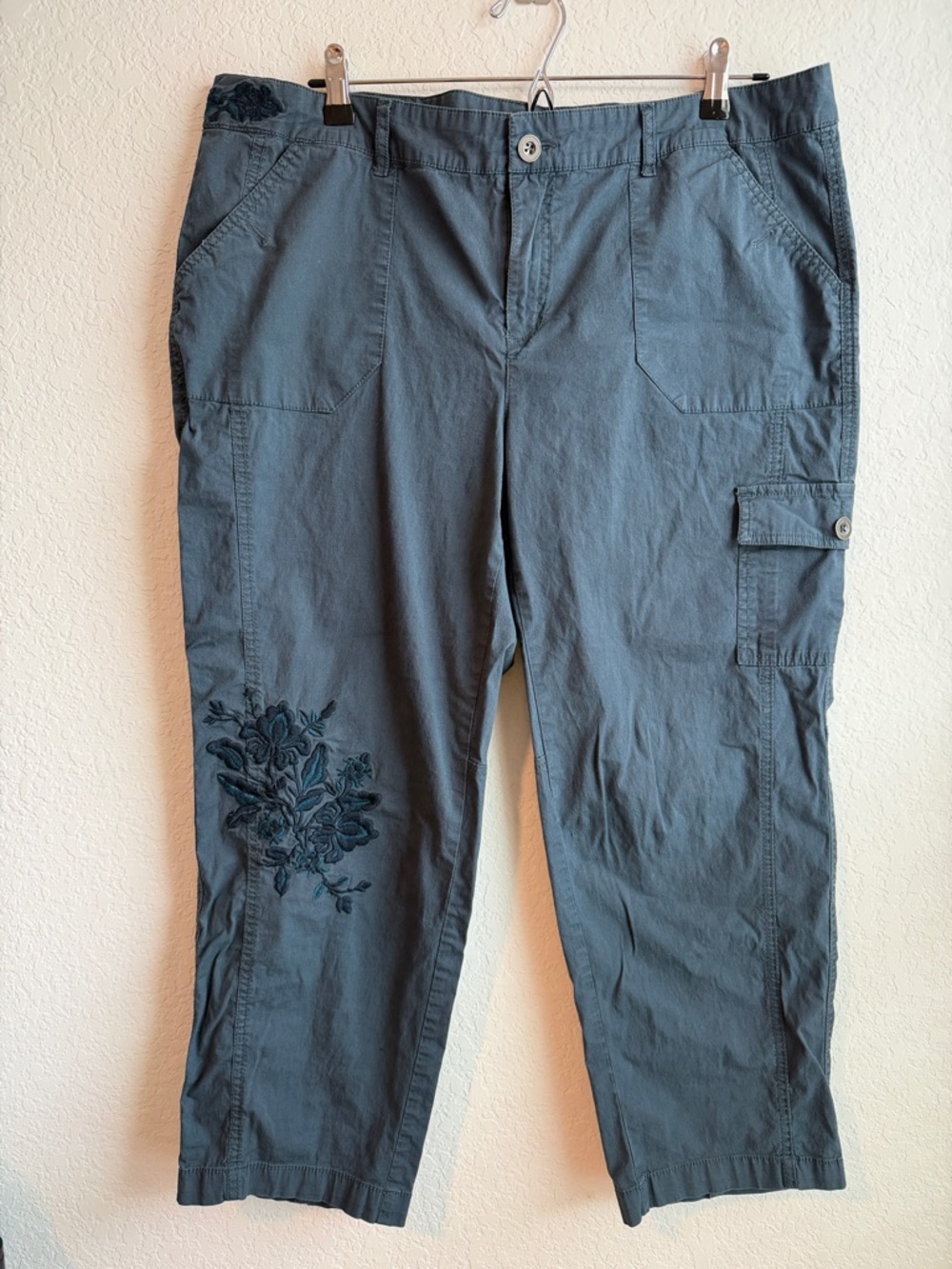Westport Slate Cotton Cargo Pants with Embroidered Floral Detail